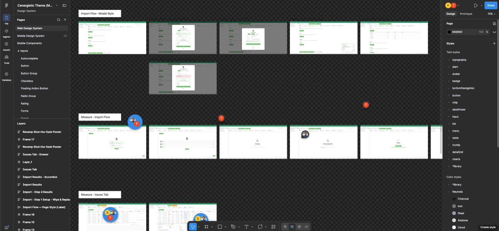 The Cenergistic design system and in-progress Import Flow frames in Figma — named type and color styles on the right, component pages on the left.