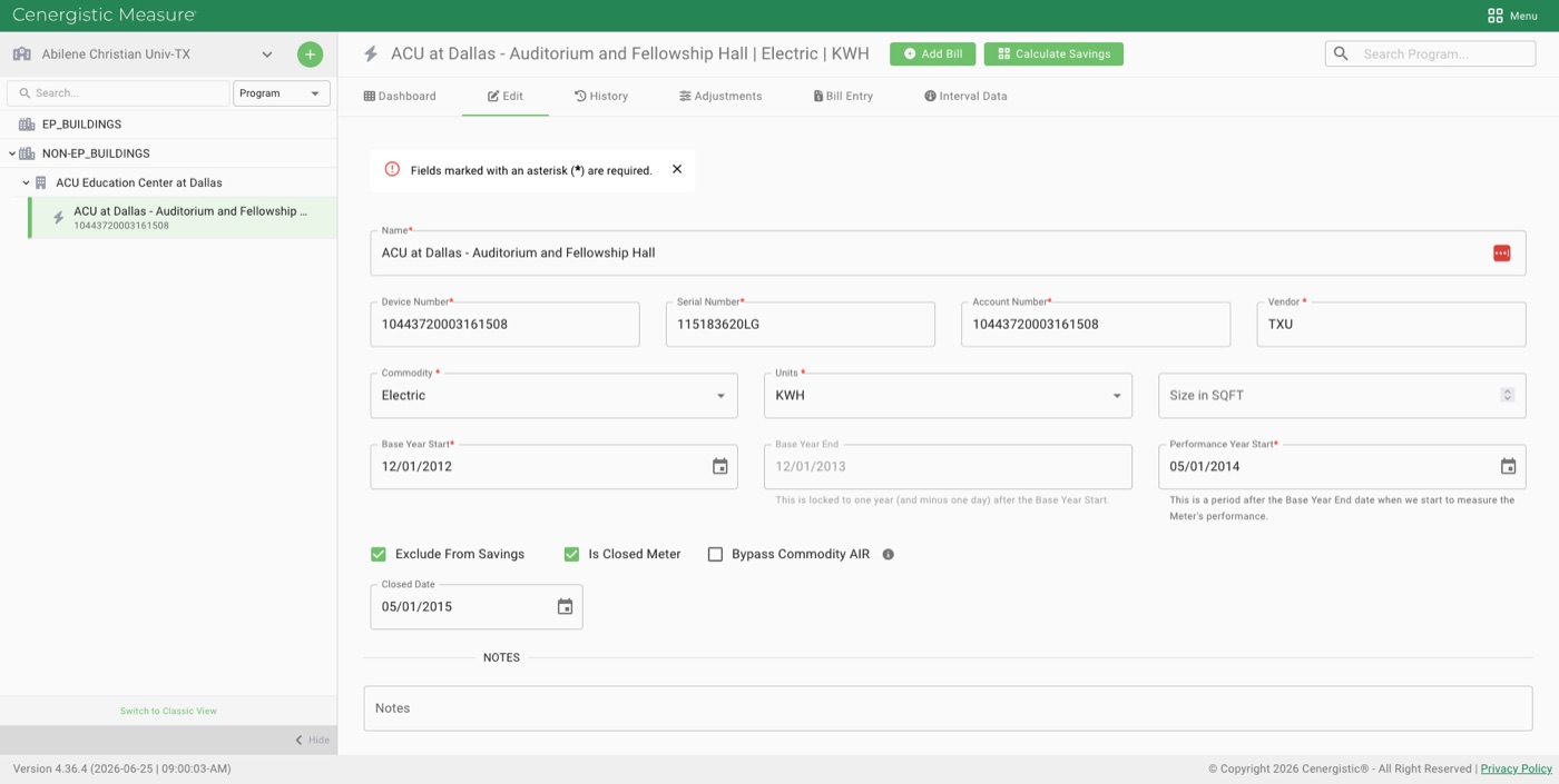 Meter setup with clear required-field guidance